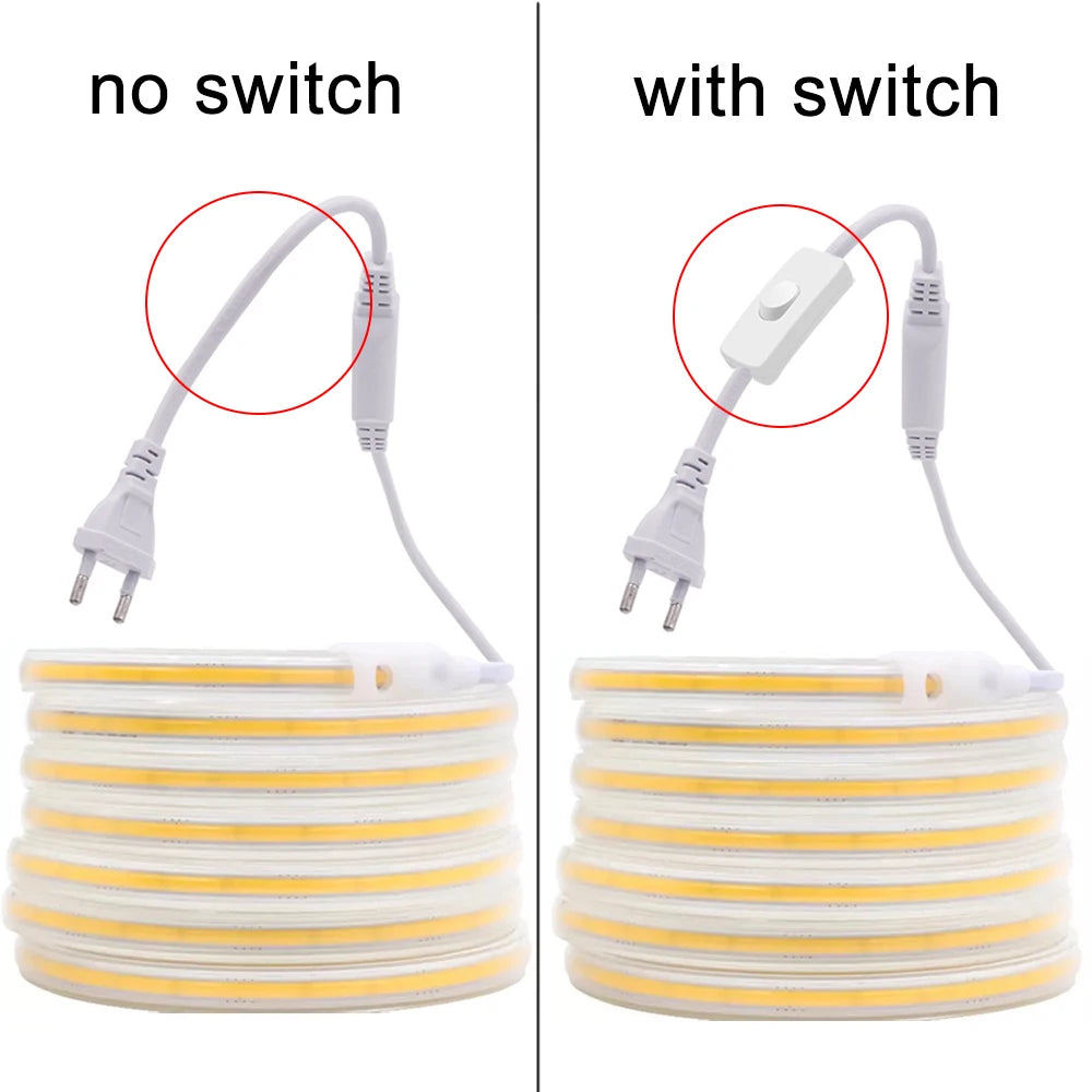 COB LED Strip 220V Switch ON/OFF with EU Plug 220V LED Strip Lights Waterproof Flexible Lamp Tape for Kitchen Home Room Decor