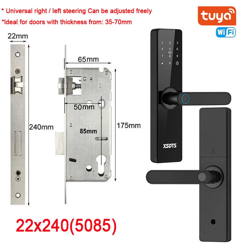 Tuya Wifi Electronic Smart Door Lock With Biometric Fingerprint / Smart Card / Password / Key Unlock/ USB Emergency Charge
