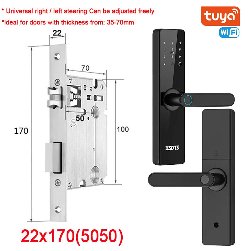 Tuya Wifi Electronic Smart Door Lock With Biometric Fingerprint / Smart Card / Password / Key Unlock/ USB Emergency Charge