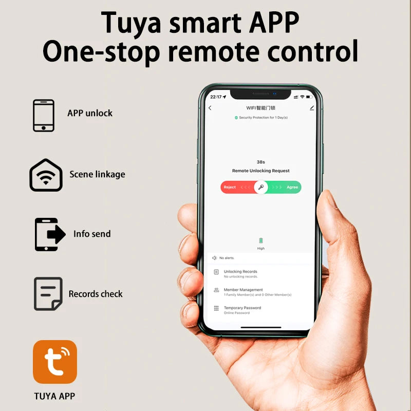 Tuya Wifi Electronic Smart Door Lock With Biometric Fingerprint / Smart Card / Password / Key Unlock/ USB Emergency Charge